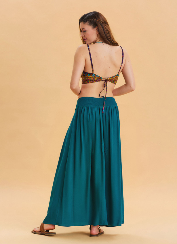 Elastic Waist Drape Detailed Petrol Long Skirt 4491